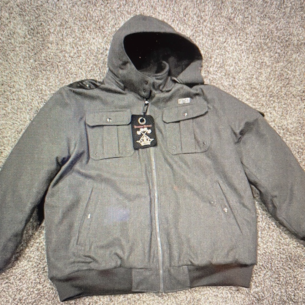 3XL Men’s Charcoal Grey Warm Winter Bomber Jacket NWT Front Zip, On/Off Hood